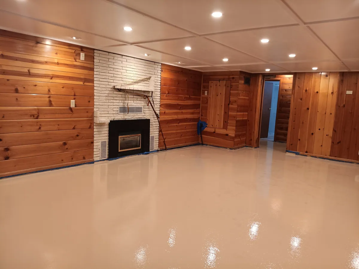 Freshly poured epoxy floor coating with a wet gloss finish