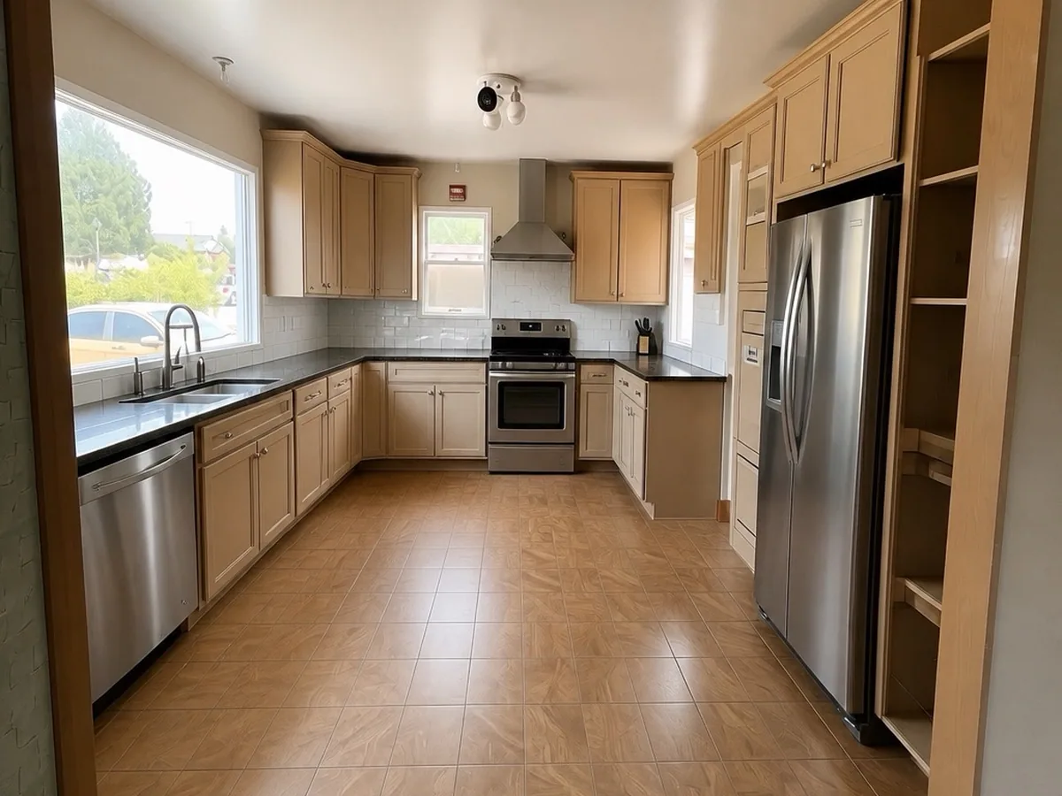Photoreal 3D kitchen rendering we produced, showing light shaker cabinets, quartz counters and stainless appliances
