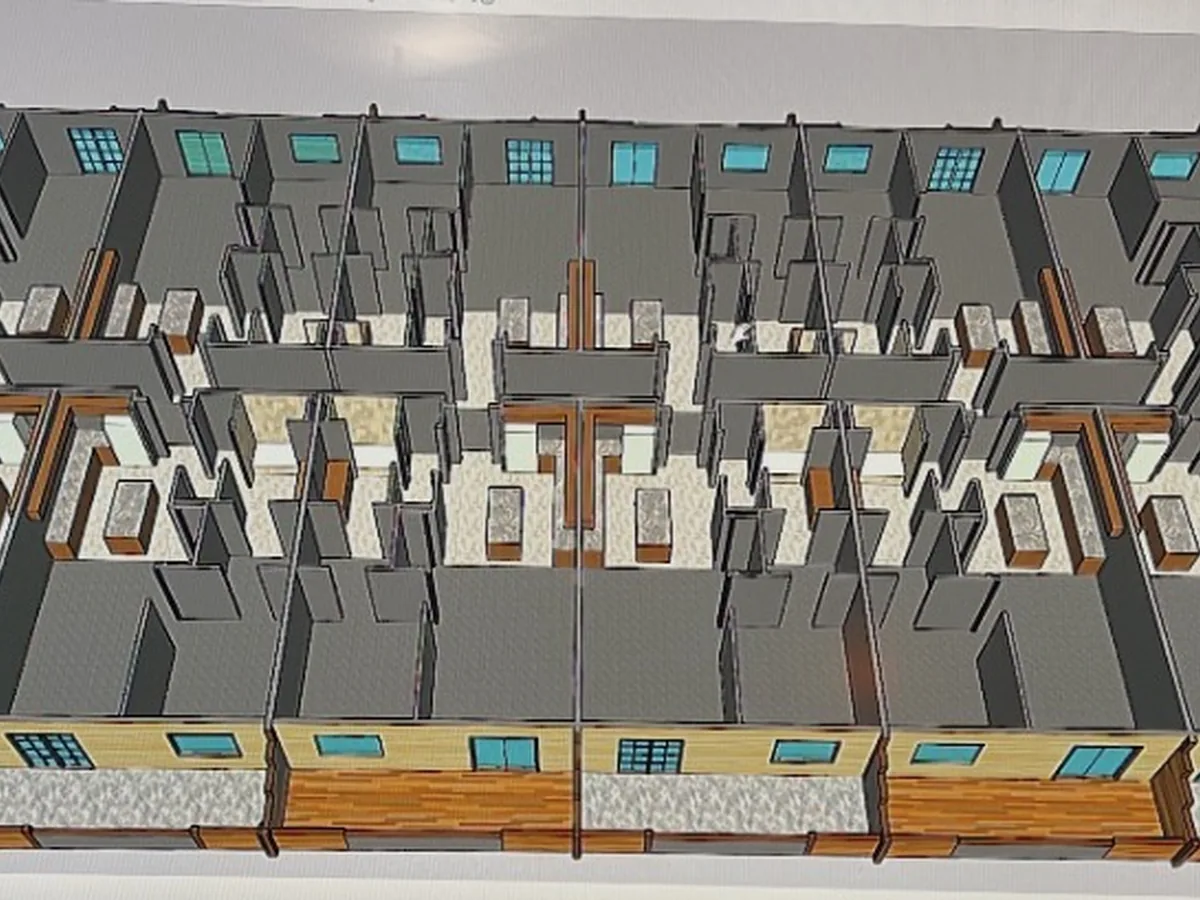 3D model of a multi-unit residential building with the roof removed to show the floor plan of every unit